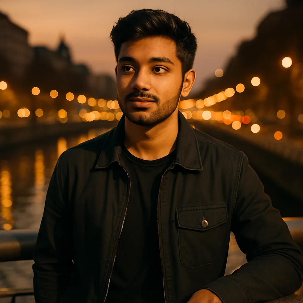 Profile photo on a city bridge at night