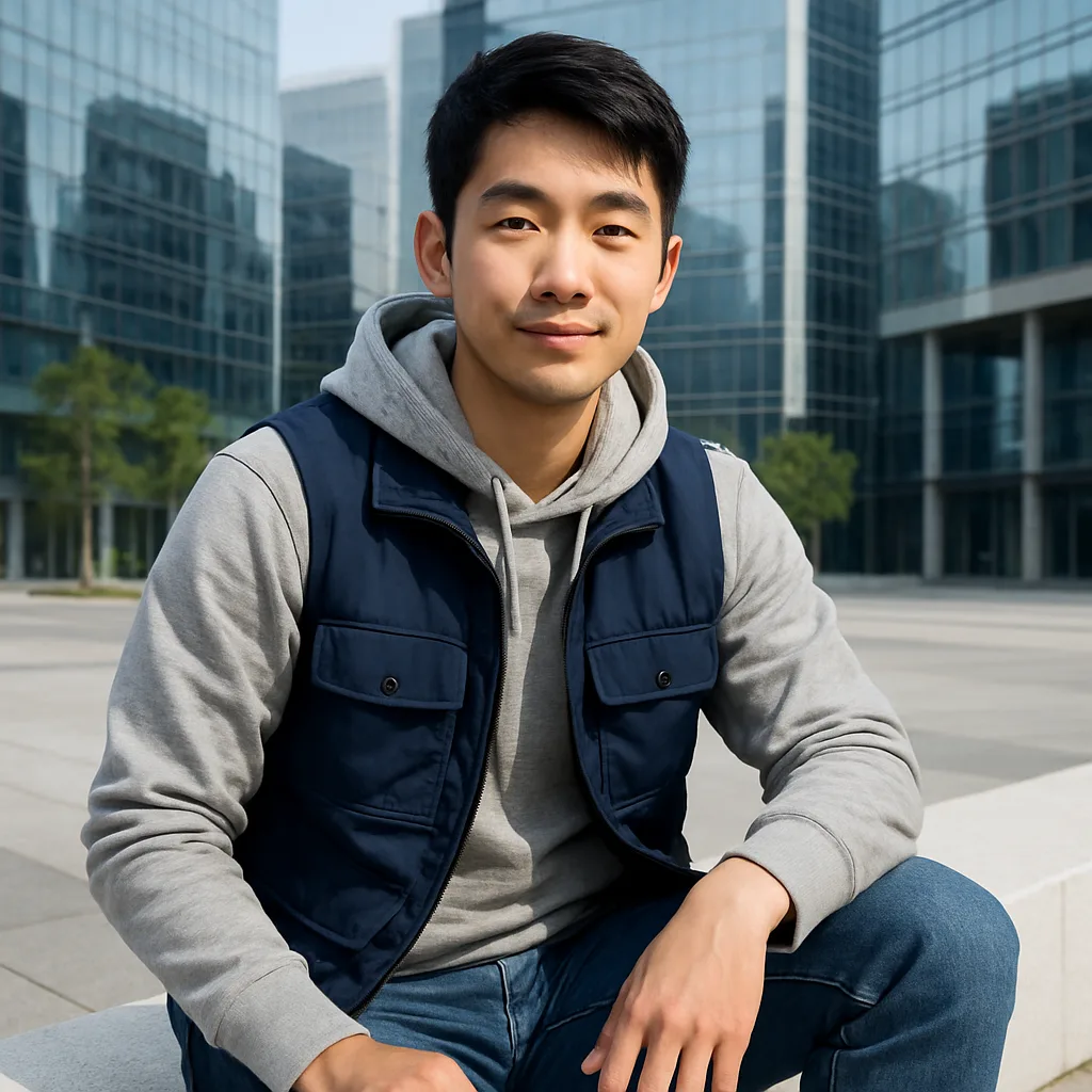 Profile photo in urban plaza